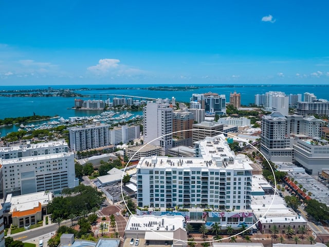 aerial view with a water view and a city view