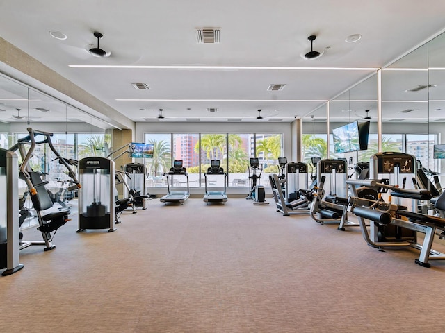 workout area with visible vents and carpet flooring