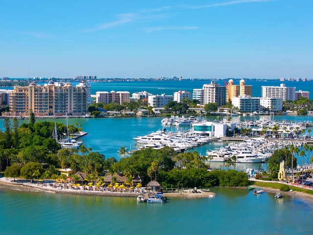 birds eye view of property with a water view and a city view