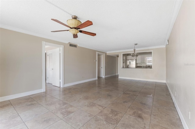 spare room with ornamental molding, a textured ceiling, and ceiling fan with notable chandelier