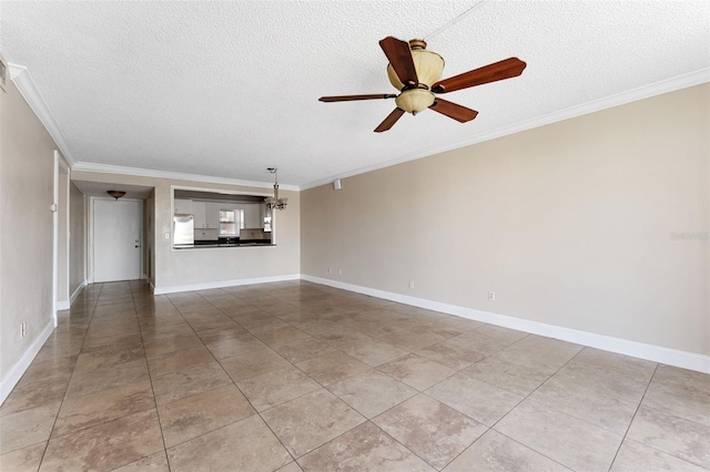 unfurnished living room with crown molding, a textured ceiling, and ceiling fan