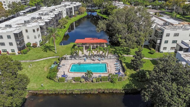 drone / aerial view featuring a water view