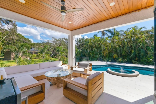 view of patio with ceiling fan and an outdoor hangout area