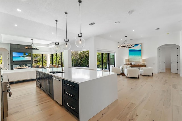 kitchen with light hardwood / wood-style floors, a large island with sink, plenty of natural light, and sink