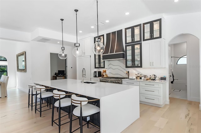 kitchen with premium range hood, a center island with sink, light hardwood / wood-style floors, and a wealth of natural light