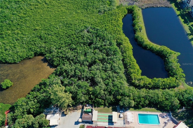 drone / aerial view featuring a water view