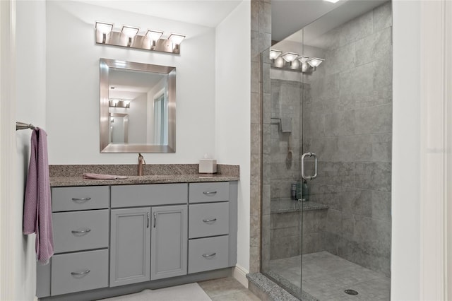 bathroom with vanity and a shower with shower door