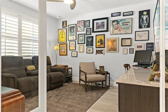 office featuring ceiling fan and hardwood / wood-style floors