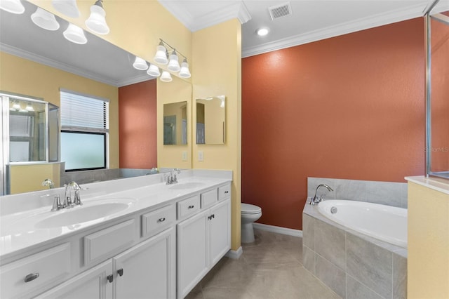 bathroom featuring crown molding, tiled tub, vanity, and toilet