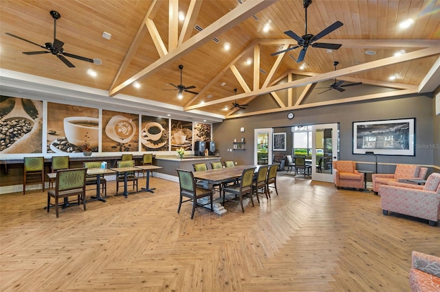 dining area with wooden ceiling, light parquet flooring, beamed ceiling, and high vaulted ceiling