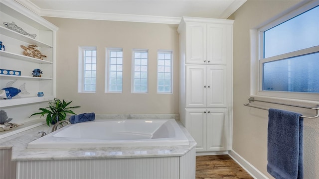 bathroom with ornamental molding, wood-type flooring, and a washtub