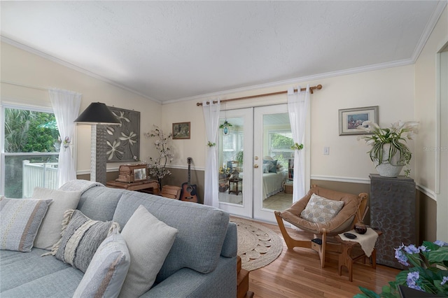 living room featuring ornamental molding, wood-type flooring, and french doors