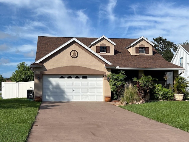 view of front of home with a front yard and a garage