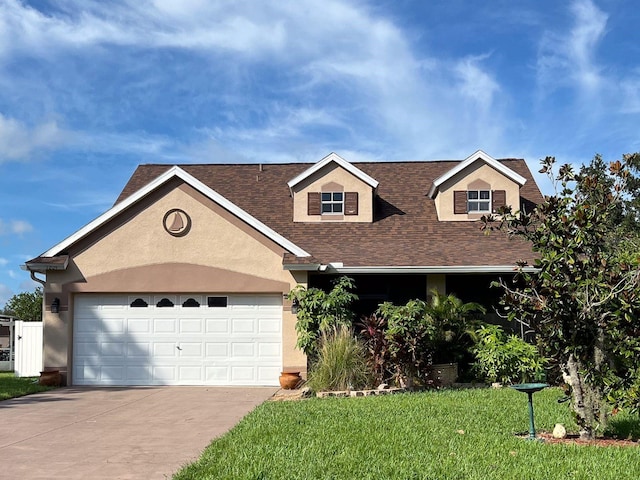 view of front of property featuring a garage and a front lawn