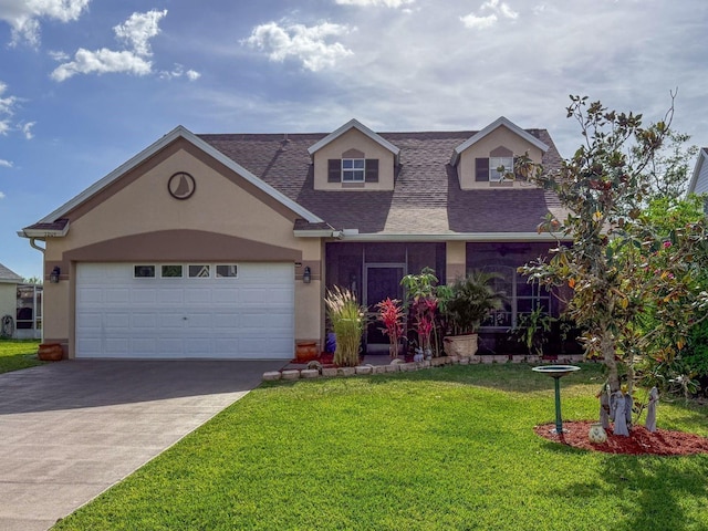 7209 49th Pl E, Palmetto, FL 34221 - view of front of house with driveway, an attached garage, a front yard, stucco siding, and roof with shingles
