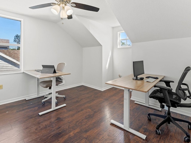 7209 49th Pl E, Palmetto, FL 34221 - office area with lofted ceiling, baseboards, a ceiling fan, and wood finished floors