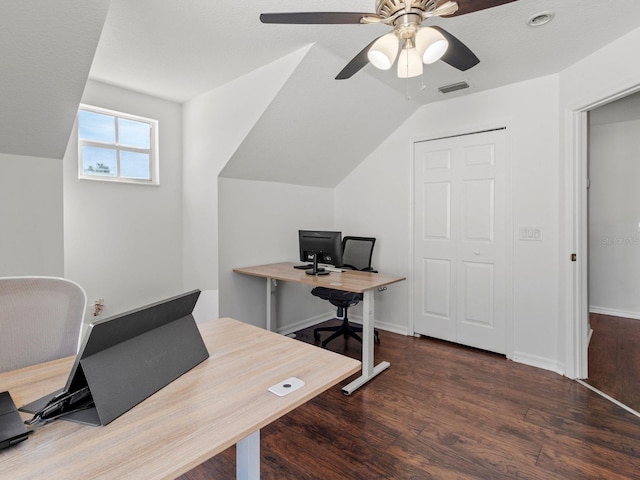 7209 49th Pl E, Palmetto, FL 34221 - office featuring baseboards, visible vents, lofted ceiling, a ceiling fan, and wood finished floors
