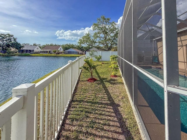 7209 49th Pl E, Palmetto, FL 34221 - exterior space with a water view, a fenced backyard, a residential view, and a lanai