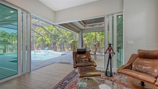 view of swimming pool with a ceiling fan