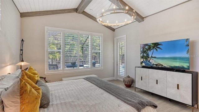 bedroom with light wood-type flooring, access to exterior, vaulted ceiling with beams, a notable chandelier, and baseboards