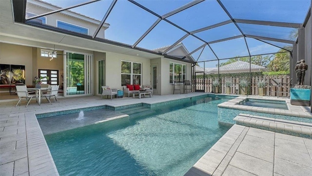 view of swimming pool featuring a fenced in pool, a patio, an outdoor living space, an in ground hot tub, and a ceiling fan