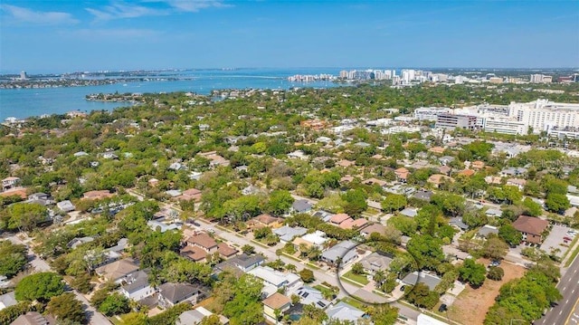 aerial view featuring a water view