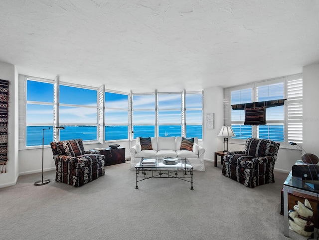 living room with a water view, a textured ceiling, and light colored carpet