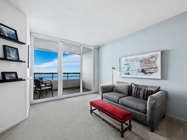 living room with a textured ceiling, a water view, and carpet flooring