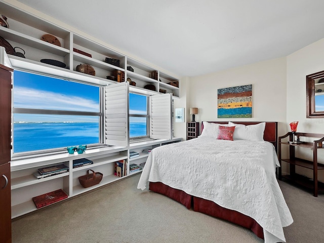 bedroom featuring a water view and carpet flooring