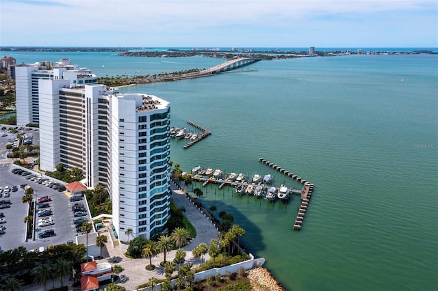 birds eye view of property featuring a water view