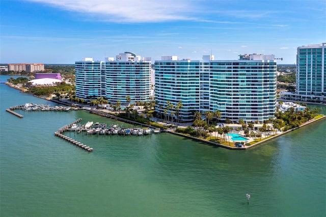 bird's eye view with a water view