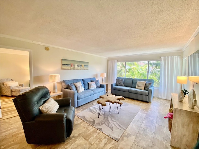 living room featuring crown molding and a textured ceiling