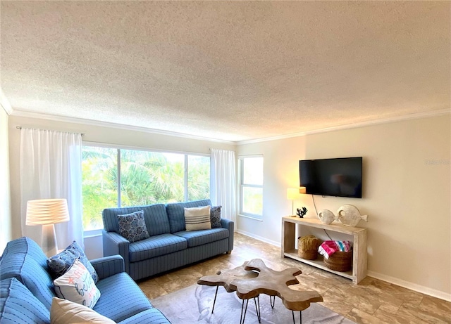 living room with a textured ceiling and ornamental molding