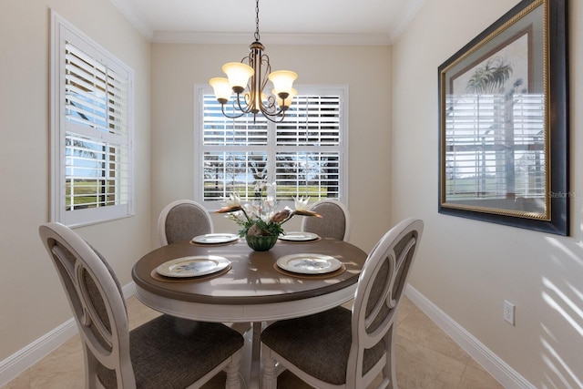 dining area with a notable chandelier, light tile patterned flooring, and crown molding