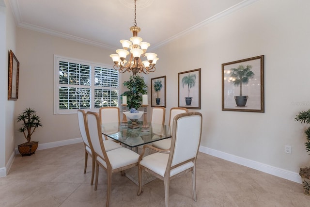 tiled dining room with a chandelier and crown molding