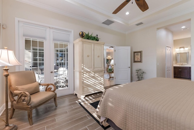 bedroom with ensuite bath, ceiling fan, hardwood / wood-style floors, access to outside, and ornamental molding