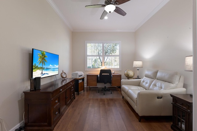 office space featuring crown molding, dark hardwood / wood-style flooring, and ceiling fan