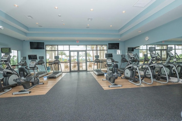 gym featuring a tray ceiling, french doors, and light wood-type flooring