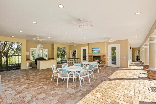 dining room featuring a fireplace