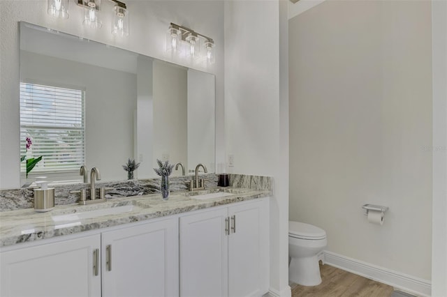 bathroom with vanity, hardwood / wood-style floors, and toilet