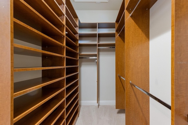 walk in closet with light carpet