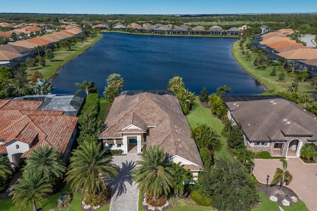 drone / aerial view featuring a water view