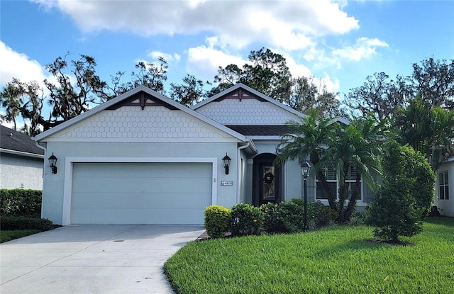 view of front of property featuring a garage, a front lawn, stucco siding, and driveway