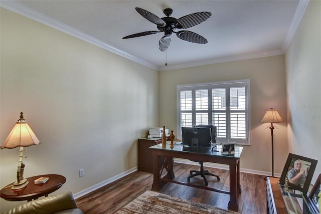 office with dark hardwood / wood-style floors, ceiling fan, and crown molding