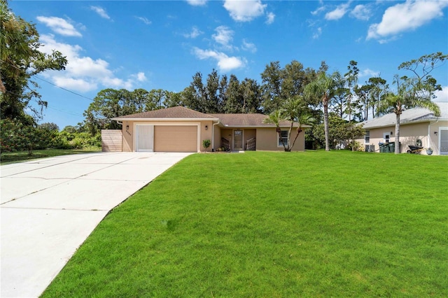 ranch-style house with a garage and a front yard