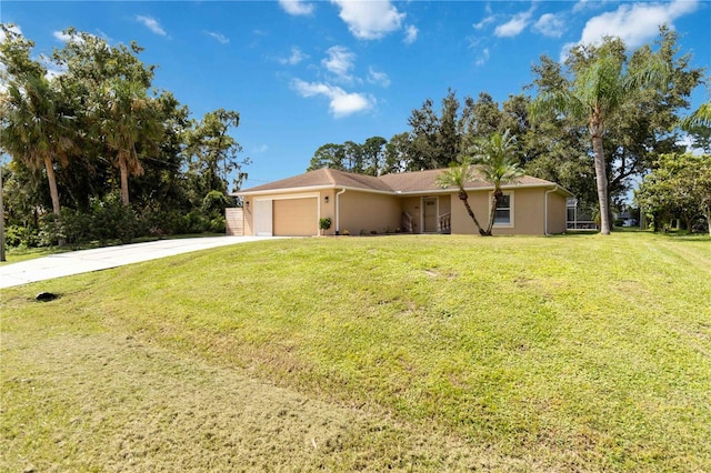 single story home featuring a front yard and a garage