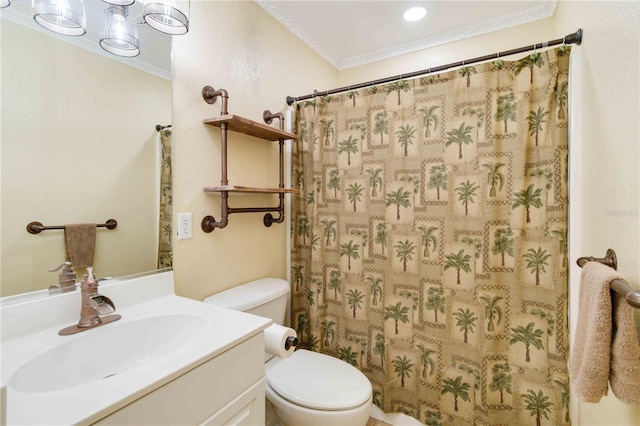 bathroom with walk in shower, ornamental molding, vanity, and toilet