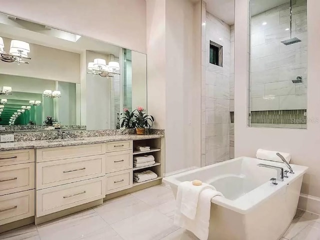 bathroom with vanity and plus walk in shower