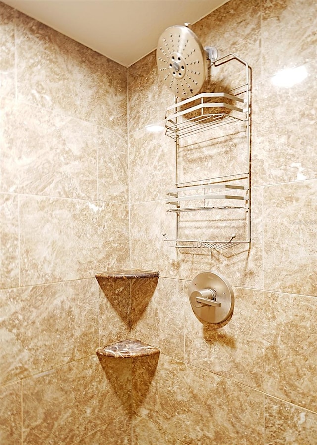 interior details featuring a tile shower