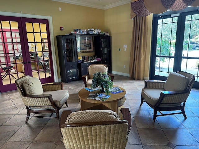 living room with crown molding and french doors